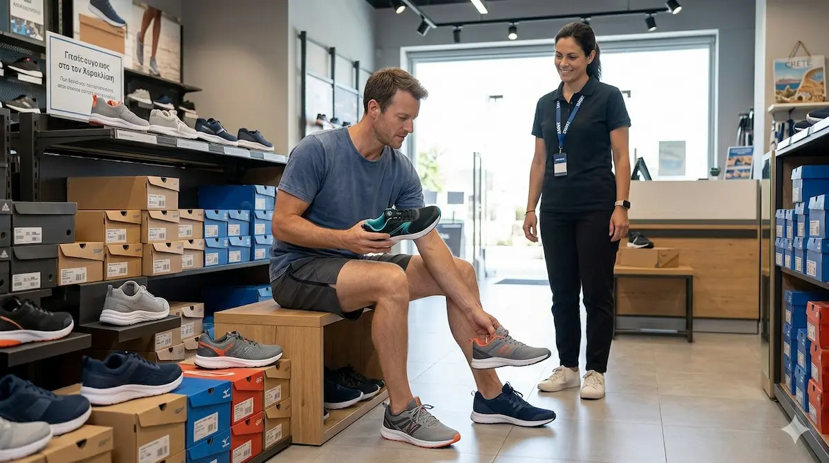 Άνδρας δοκιμάζει running shoes σε αθλητικό κατάστημα στο Ηράκλειο Κρήτης