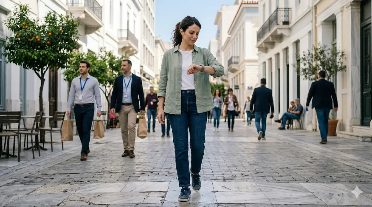 Γυναίκα περπατά στην πόλη και ελέγχει τα καθημερινά της βήματα