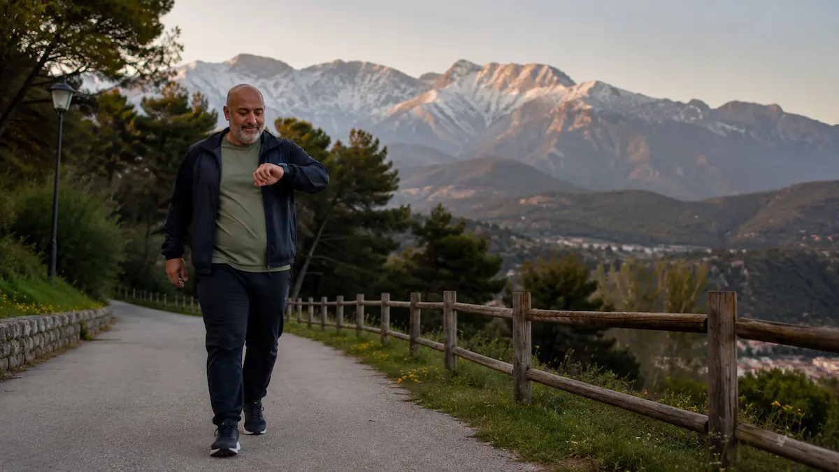 Άτομο περπατά χαλαρά σε πάρκο με εφαρμογή βημάτων στο κινητό