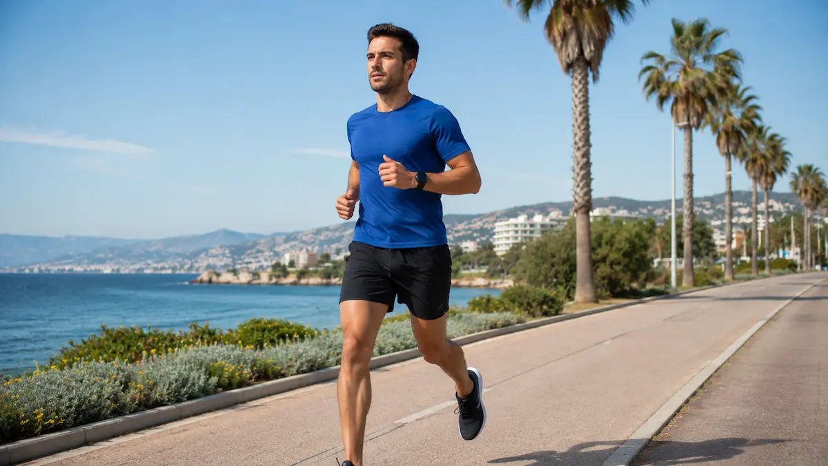 Αθλητής με σωστή στάση σώματος κατά το τρέξιμο σε φυσικό περιβάλλον προσοχή στη τεχνική και ευθυγράμμιση