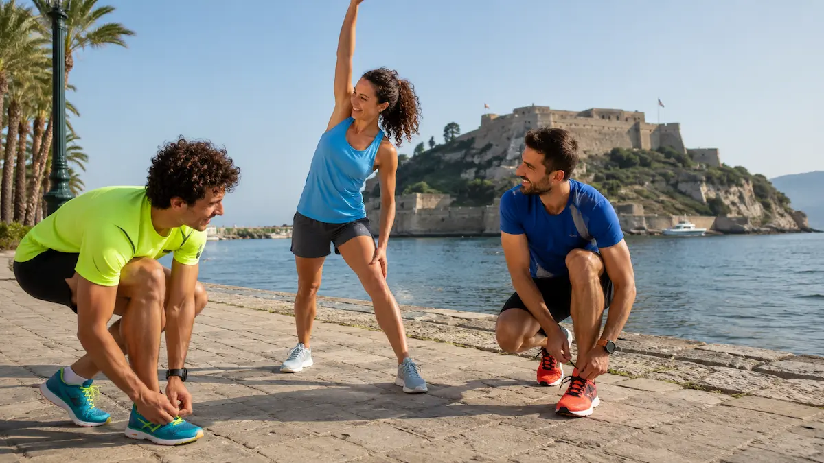 Αθλητής τρέχει το πρωί πριν το πρωινό σε φυσικό περιβάλλον για τη διατροφή και την άσκηση