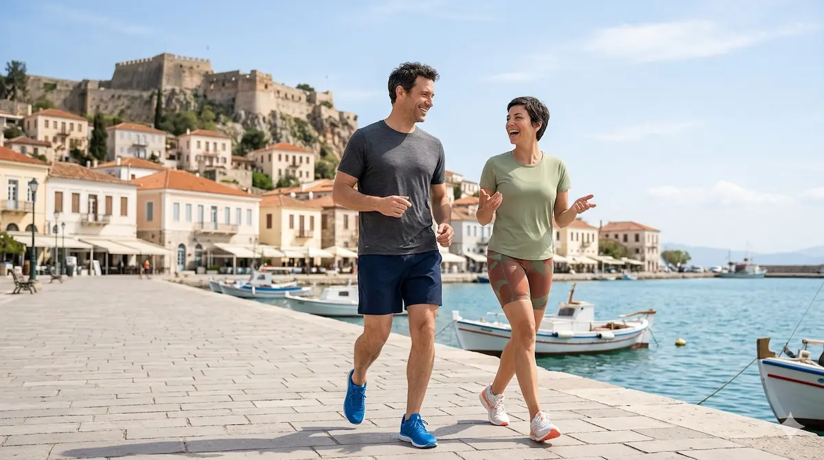Γυναίκα περπατάει στον δρόμο μετράει τα βήματα της για υγιεινή ζωή και ευεξία