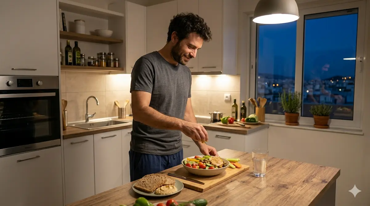 Άνδρας ετοιμάζει ελαφρύ βραδινό γεύμα που βοηθά στην απώλεια βάρους