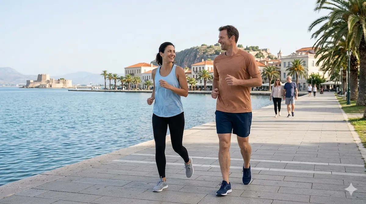 Ζευγάρι κάνει χαλαρό jogging στο Ναύπλιο μετά από μεγάλο διάλειμμα από την άσκηση