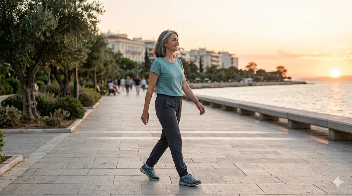 Γυναίκα κάνει βραδινό περπάτημα για απώλεια βάρους κοντά στη θάλασσα
