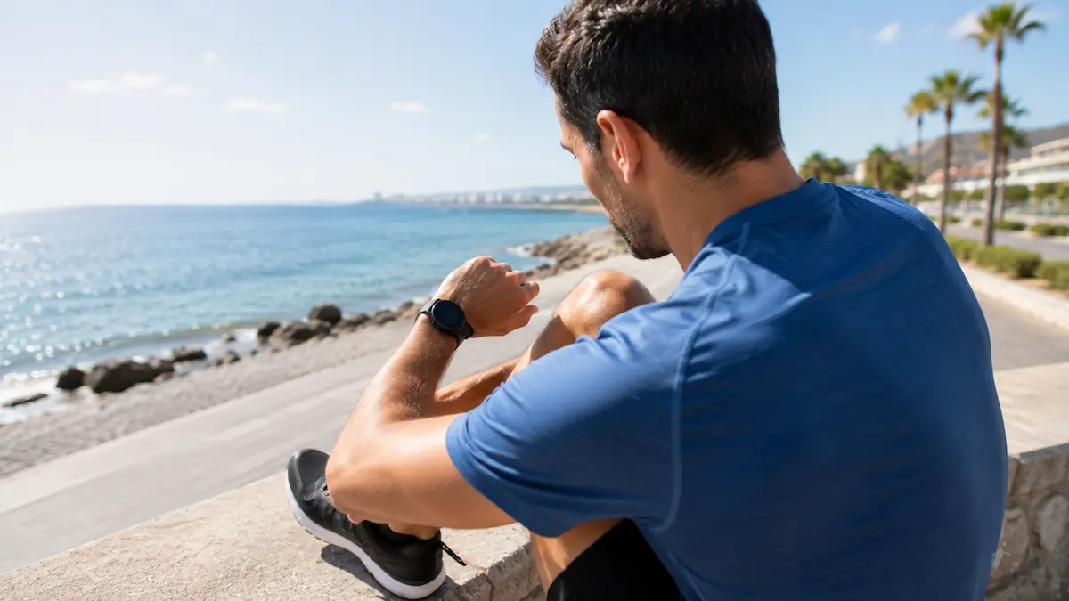 Δρομέας κοιτάζει smartwatch στο χέρι πριν από προπόνηση τρεξίματος
