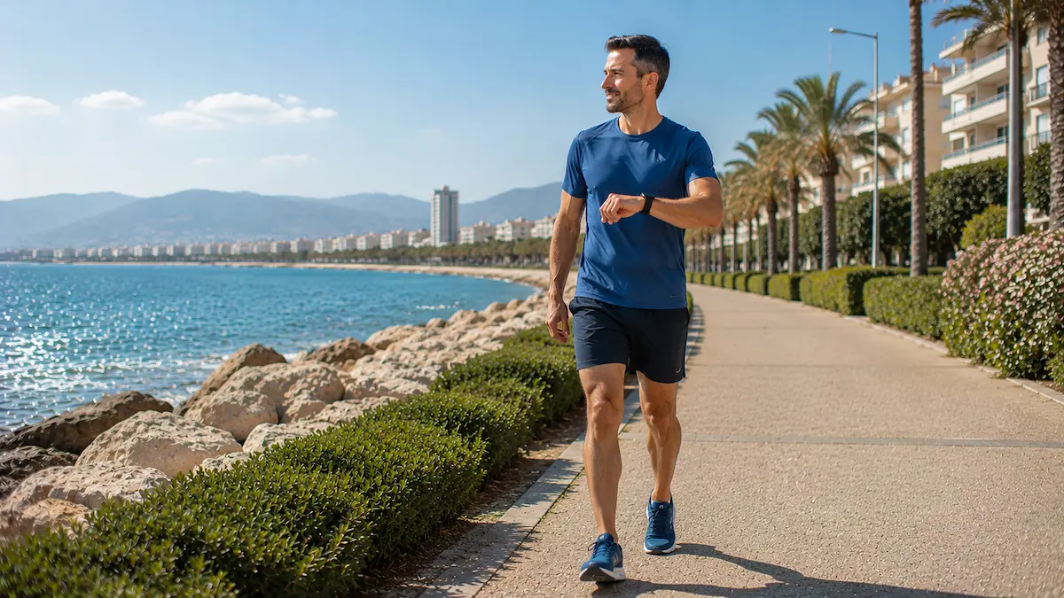 Γυναίκα περπατά σε πάρκο με στόχο την απώλεια βάρους και βελτίωση της φυσικής κατάστασης