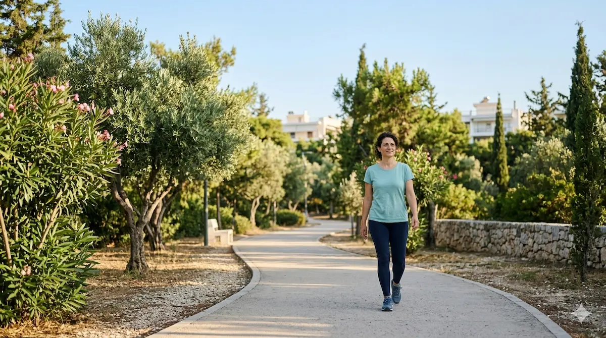 Αρχάρια γυναίκα περπατά σε πάρκο ξεκινώντας άσκηση