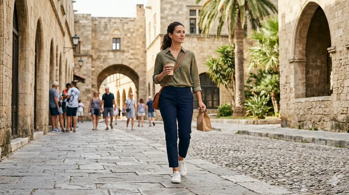 Γυναίκα περπατά στη Ρόδο στο διάλειμμα από τη δουλειά της