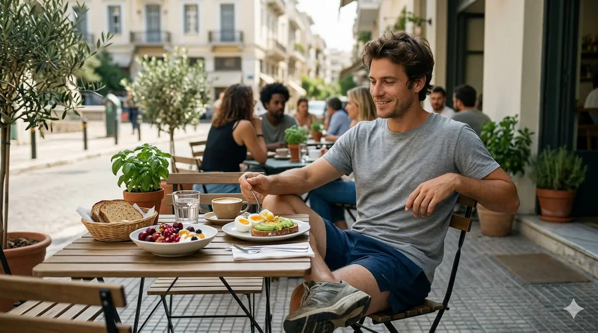 Άνδρας τρώει υγιεινό πρωινό μετά από περπάτημα ή jogging σε καφέ στην Αθήνα
