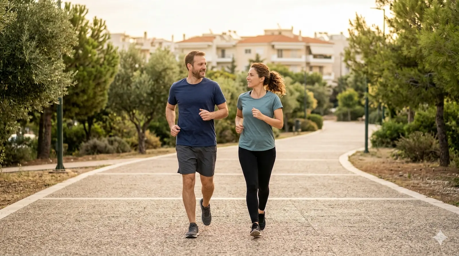 Ζευγάρι κάνει χαλαρό τρέξιμο σε πάρκο για απώλεια βάρους