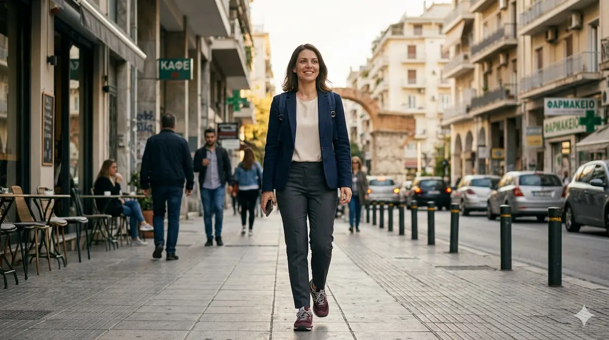 Γυναίκα ξεκινά χαλαρό περπάτημα μετά τη δουλειά στο κέντρο της Θεσσαλονίκης